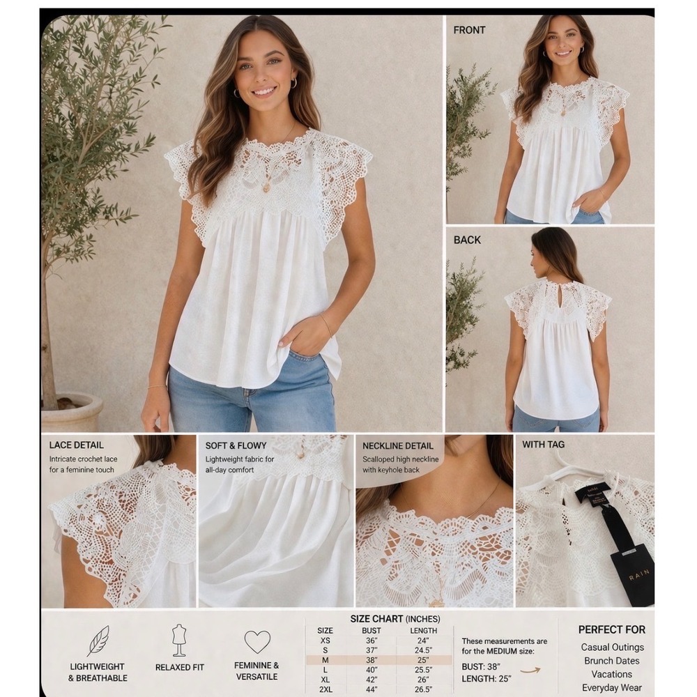 RAIN White Lace Yoke Flutter Sleeve Top Blouse Women's Size M